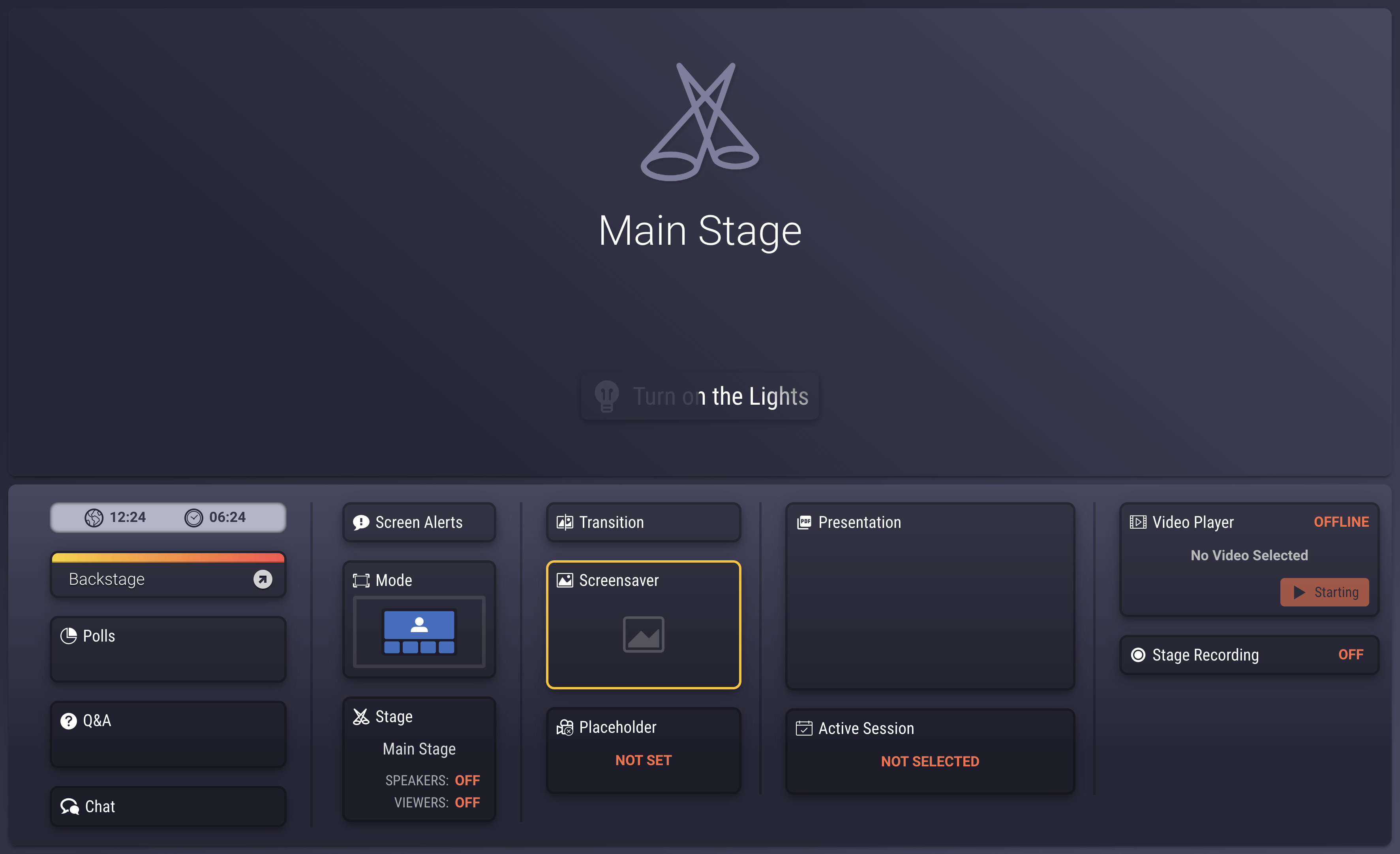 The backstage workspace: the main stage preview above controls for polls, Q&A, chat, screensaver, presentation, video and recording