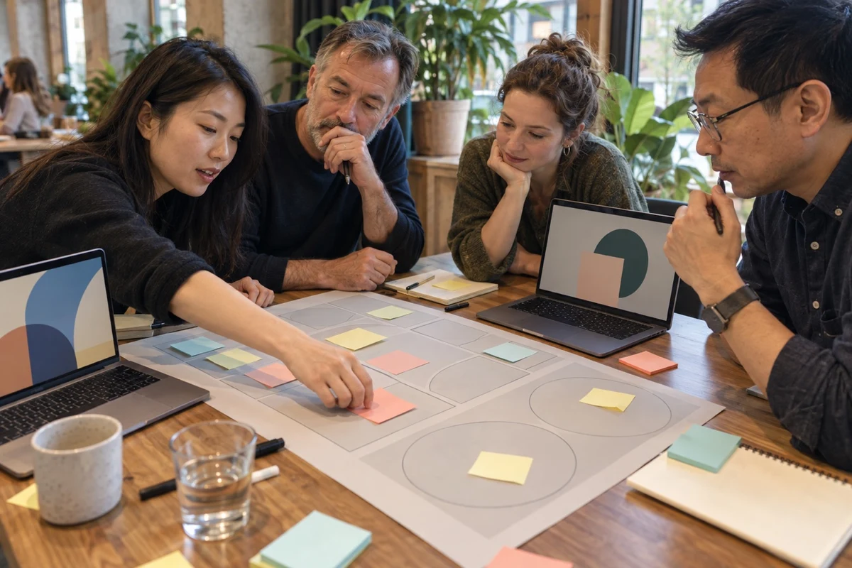 Workshop participants placing sticky notes on a shared canvas