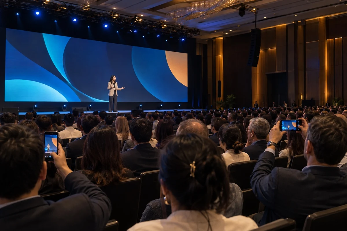 The opening keynote seen from the audience, phones raised