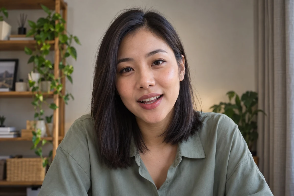 Ploy, a community manager, on a video call from home